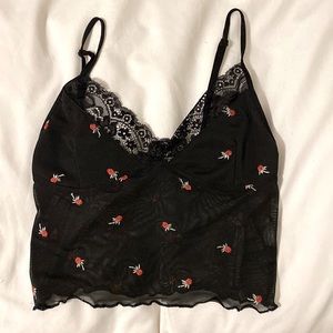 Black, Floral, Mesh, Crop Top, Size XS